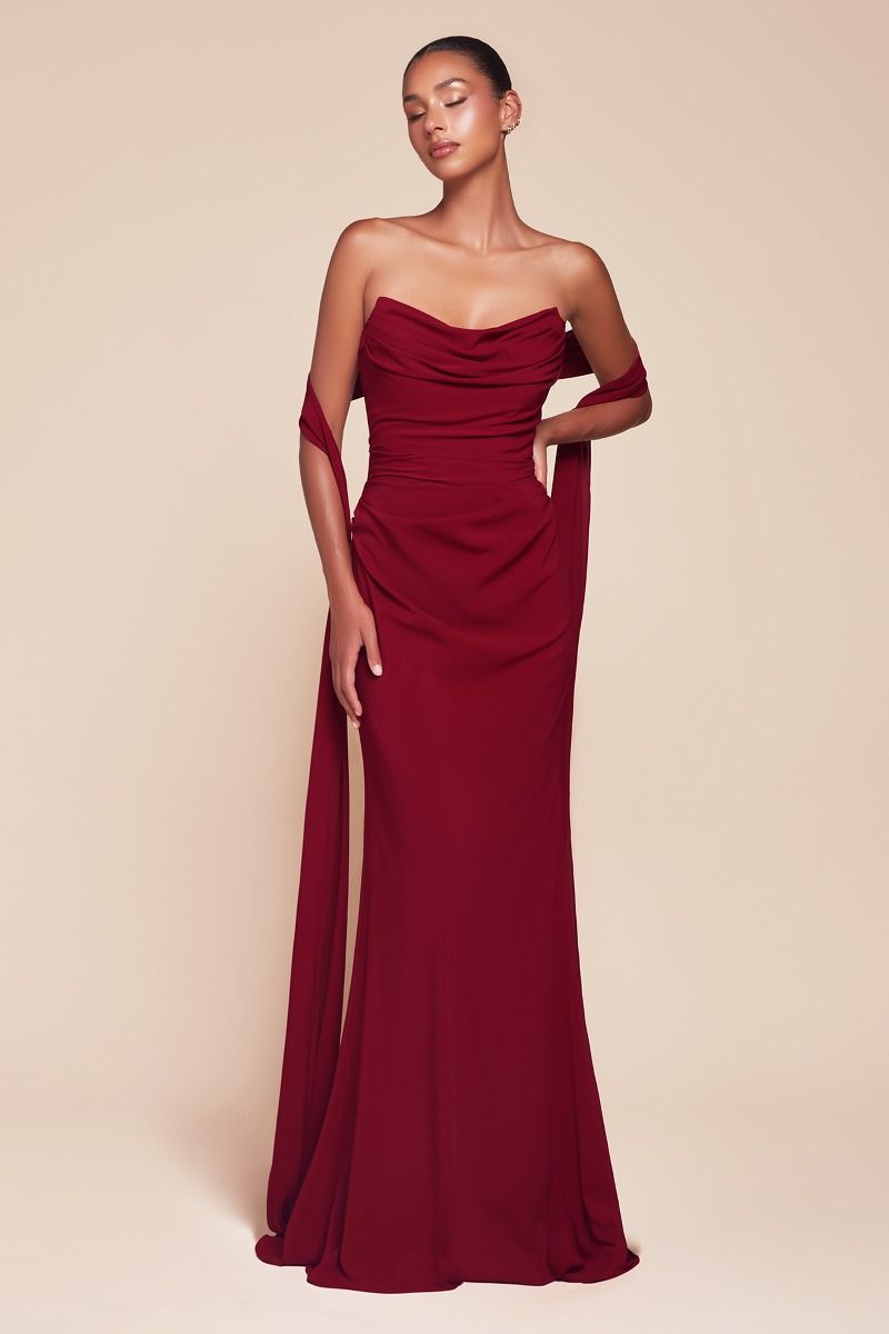 Elegant Bridesmaid Strapless Gown w/ Draped Neckline & Convertible Tie CD7433-2
