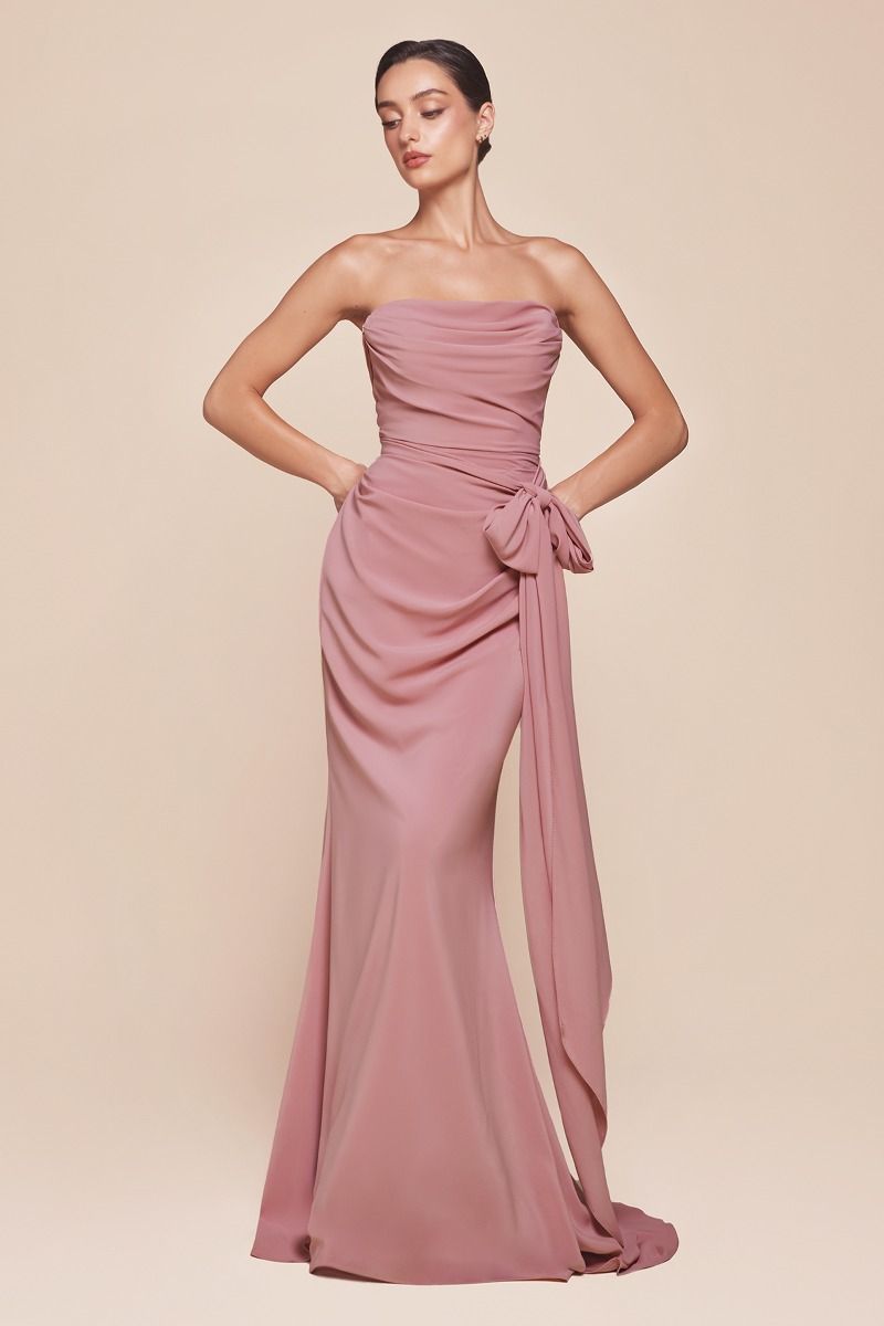 Elegant Bridesmaid Strapless Gown w/ Draped Neckline & Convertible Tie CD7433-1