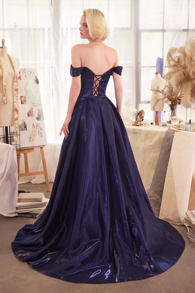 Elegant Off-Shoulder Satin A-Line Ball Gown with High Slit – Navy & Red Formal Evening Dress CDA1424