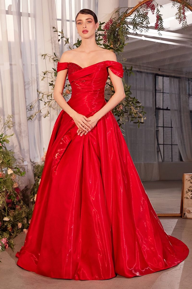 Elegant Off-Shoulder Satin A-Line Ball Gown with High Slit – Navy & Red Formal Evening Dress CDA1424