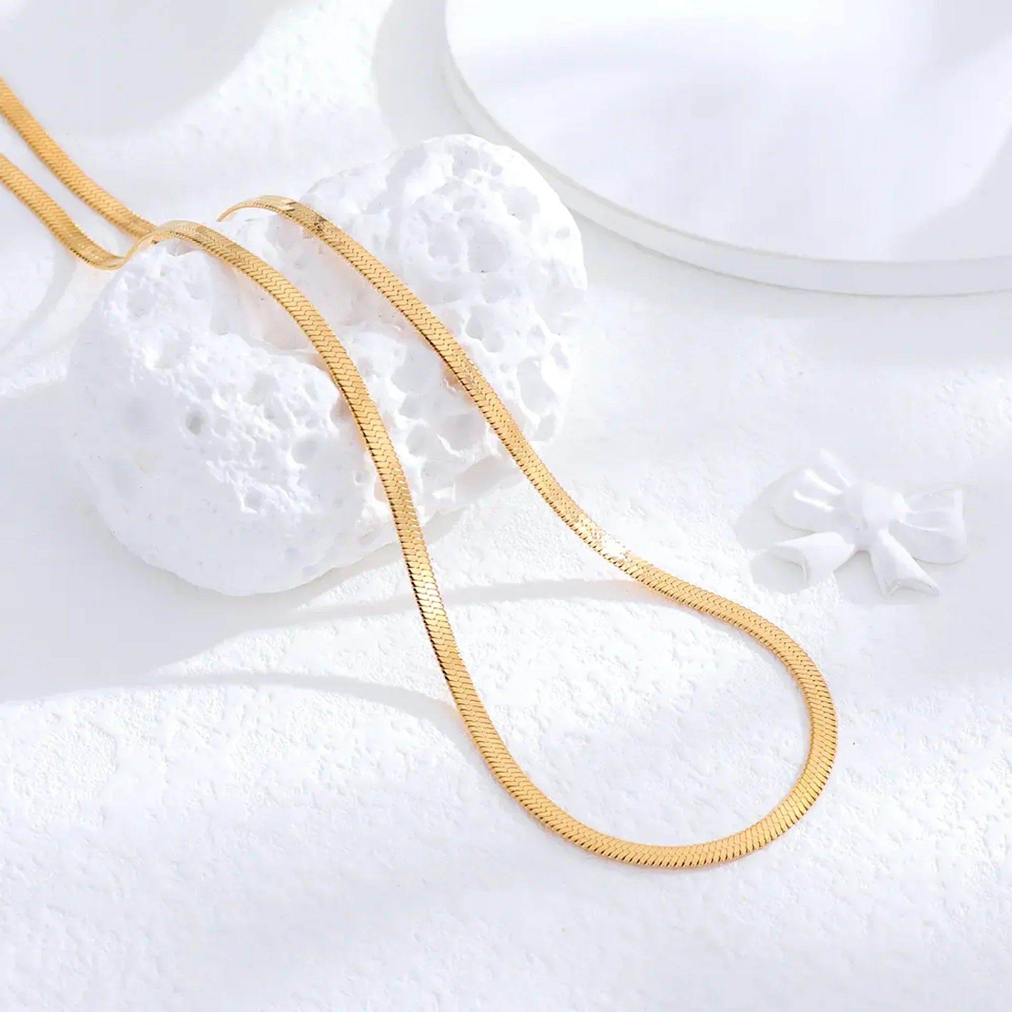 Herringbone Snake Chain Necklace - Flat Statement Choker Jewelry-1