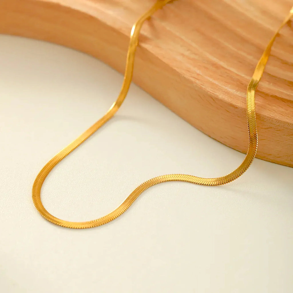 Herringbone Snake Chain Necklace - Flat Statement Choker Jewelry-2
