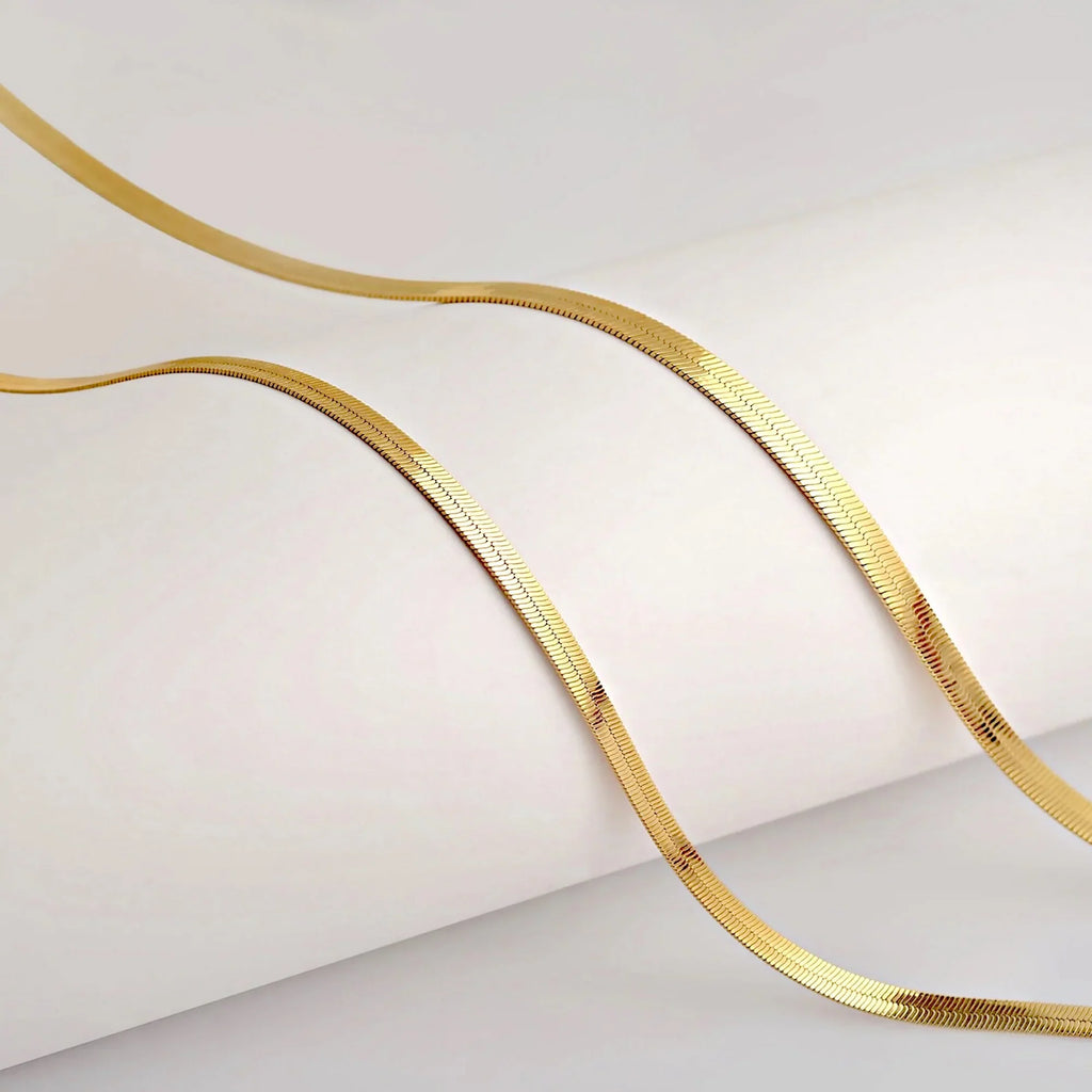 Herringbone Snake Chain Necklace - Flat Statement Choker Jewelry-4