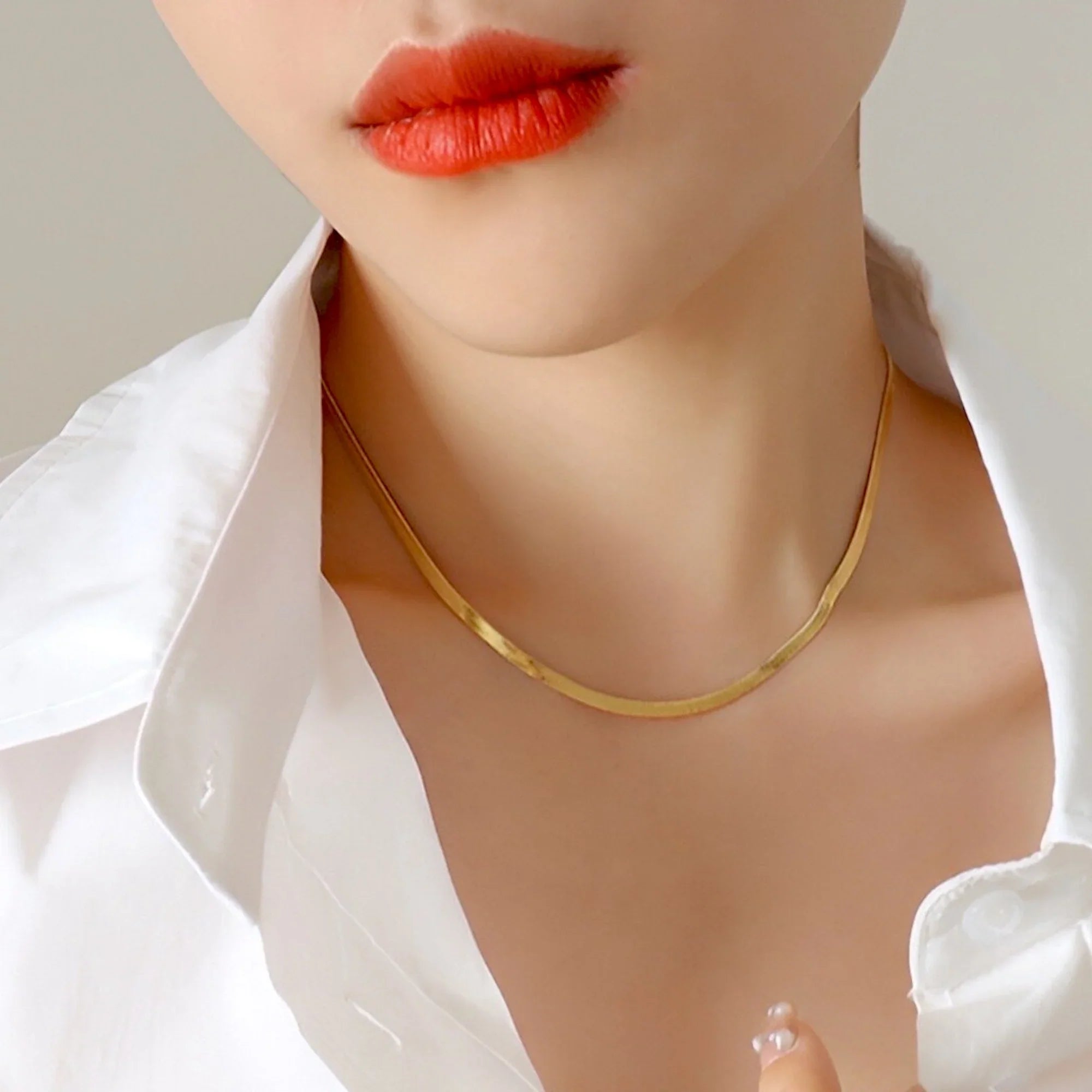 Herringbone Snake Chain Necklace - Flat Statement Choker Jewelry-3